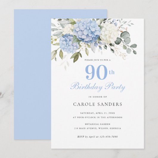 Invitation Fête d'anniversaire 90 ans Hydrangea Bleu Floral (Devant / Derrière)