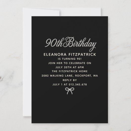 Invitation Fête d'anniversaire 90 ans Noir Blanc Perle Script (Devant)