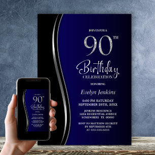 Invitation Fête d'anniversaire 90 ans Noir et Bleu