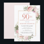 Invitation Fête d'anniversaire 90 ans Or Rose Floral<br><div class="desc">Honorez une femme spéciale avec cette invitation élégante et féminine pour son 90e anniversaire. Le "90e" est écrit en grand texte rose. Suit une surprise-party. Le nom de l'invitée d'honneur est également en lettres majuscules roses. Le reste du texte est gris colombe doux. Les détails de la célébration des 90...</div>