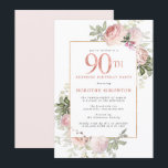 Invitation Fête d'anniversaire 90 ans Or Rose Floral<br><div class="desc">Honorez une femme spéciale avec cette invitation élégante et féminine pour son 90e anniversaire. Le "90e" est écrit en grand texte rose. Suit une surprise-party. Le nom de l'invitée d'honneur est également en lettres majuscules roses. Le reste du texte est gris colombe doux. Les détails de la célébration des 90...</div>