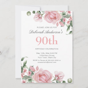 Invitation Fête d'anniversaire 90 ans Watercolor PInk Rose