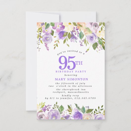 Invitation FÊTE D'ANNIVERSAIRE 95 ans Fleurs de rose violette (Devant)
