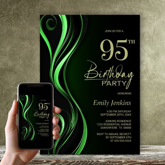 Invitation Fête d'anniversaire 95 ans moderne noire et verte