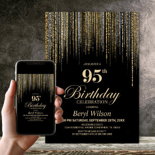 Invitation Fête d'anniversaire 95 ans paillettes dorées noire
