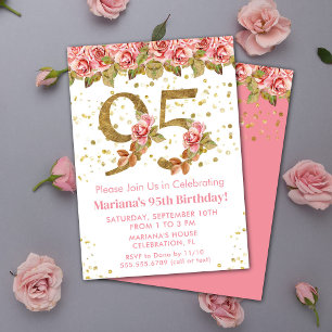 Invitation Fête d'anniversaire 95 ans Pink Floral Gold Glitte