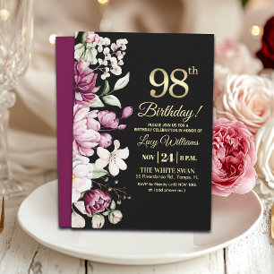 Invitation Fête d'anniversaire 98 Or Floral Élégant