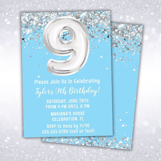 Invitation Fête d'anniversaire 9 ans Light Blue Silver