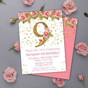 Invitation Fête d'anniversaire 9 ans Roses Fleuris Rose
