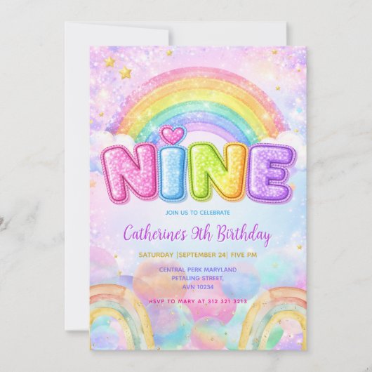 Invitation Fête d'anniversaire 9 ans Sparkle Rainbow (Devant)