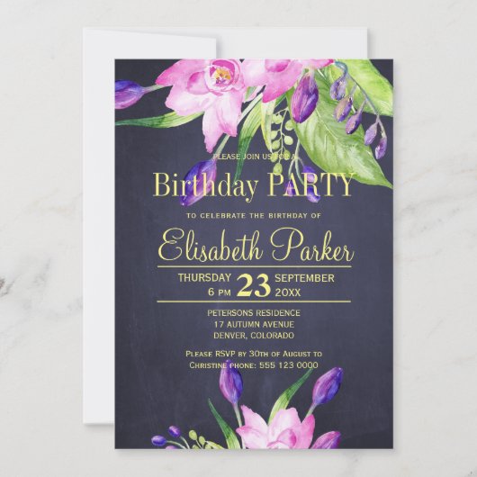 Invitation Fête d'anniversaire à fleurs chic et pourpre (Devant)