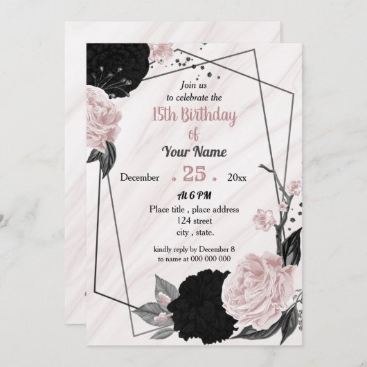 Invitation Fête d'anniversaire à fleurs roses noires et douce (Devant / Derrière)