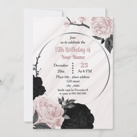 Invitation Fête d'anniversaire à fleurs roses noires et douce (Devant)