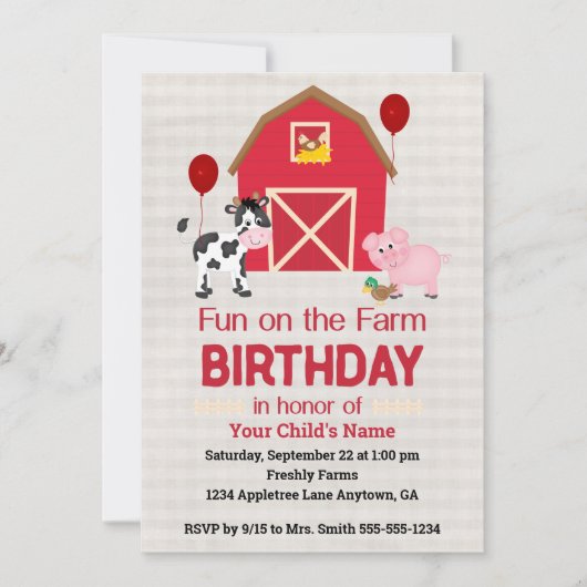 Invitation Fête d'anniversaire à la ferme à carreaux personna (Devant)