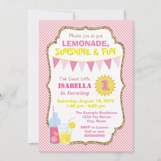 Invitation Fête d'anniversaire à la limonade rose (Devant)