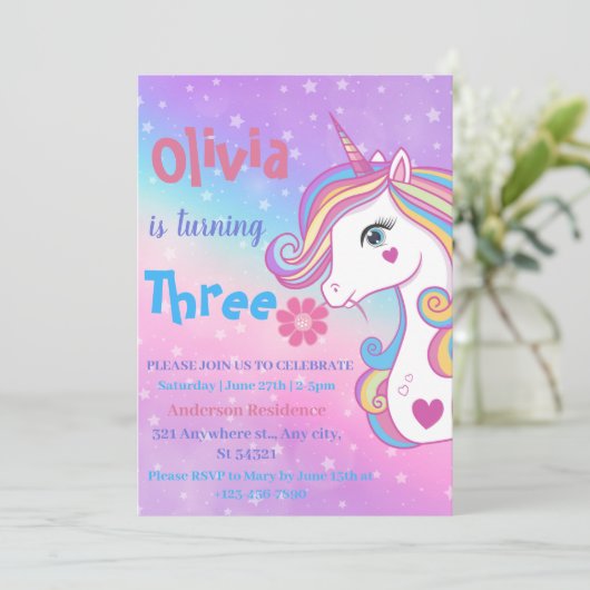 Invitation Fête d'anniversaire à l'aquarelle Arc-en-ciel Lico (Debout devant)