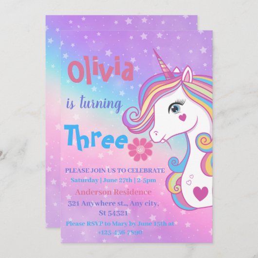 Invitation Fête d'anniversaire à l'aquarelle Arc-en-ciel Lico (Devant / Derrière)