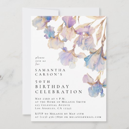 Invitation Fête d'anniversaire à l'aquarelle avec iris élégan (Devant)