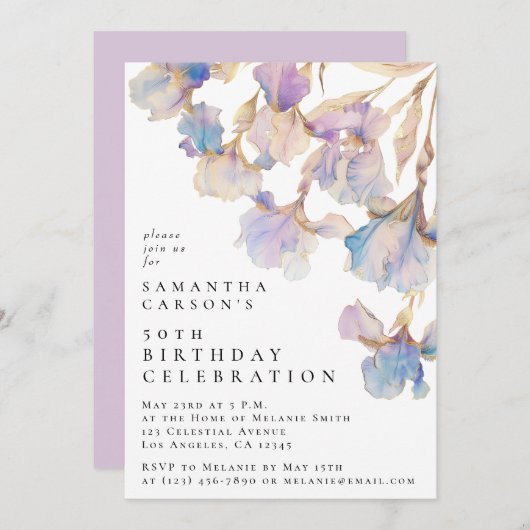 Invitation Fête d'anniversaire à l'aquarelle avec iris élégan (Devant / Derrière)