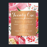 Invitation Fête d'anniversaire à l'aquarelle florale chic gla<br><div class="desc">Romantic glamour style féminin vingt et un (écriture modifiable! - vous pouvez changer d'âge) fête d'anniversaire chic et élégant monogrammed floral coloré modèle d'invitation métallique avec des pivoines d'aquarelle en rouge et des nuances de rousse, fuchsia et magenta rose avec de petits feuilles verts et un cadre brillant en cuivre...</div>