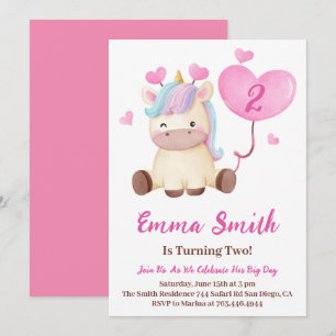 Invitation Fête d'anniversaire à l'aquarelle Licorne Mignonne