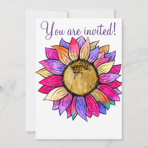Invitation Fête d'anniversaire à l'aquarelle Tournesol Rose e