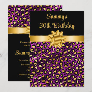 Invitation Fête d'anniversaire à motif léopard violet et or