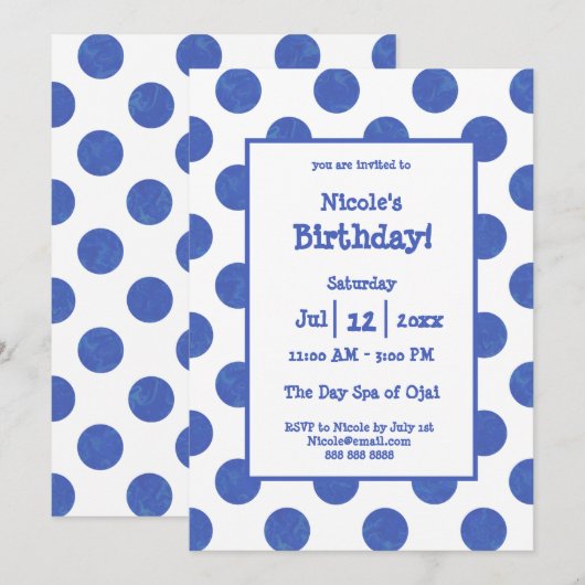 Invitation Fête d'anniversaire à pois bleus (Devant / Derrière)