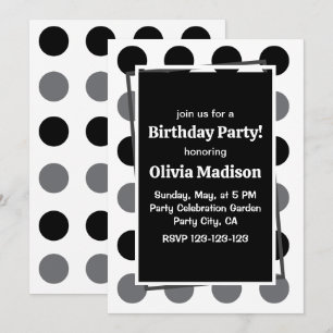 Invitation Fête d'anniversaire à pois gris noir