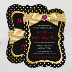 Invitation Fête d'anniversaire à pois noirs et ruban doré Per