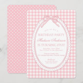 Invitation Fête d'anniversaire à ruban Coquette en vichy rose (Devant / Derrière)