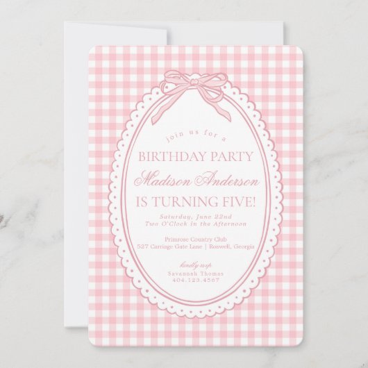 Invitation Fête d'anniversaire à ruban Coquette en vichy rose (Devant)