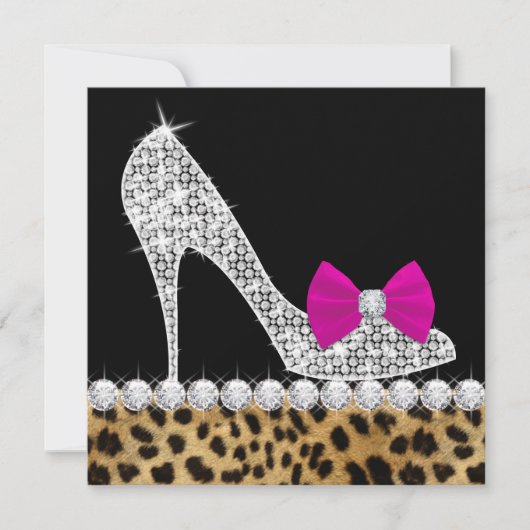 Invitation Fête d'anniversaire à talons hauts rose chaud léop (Devant)