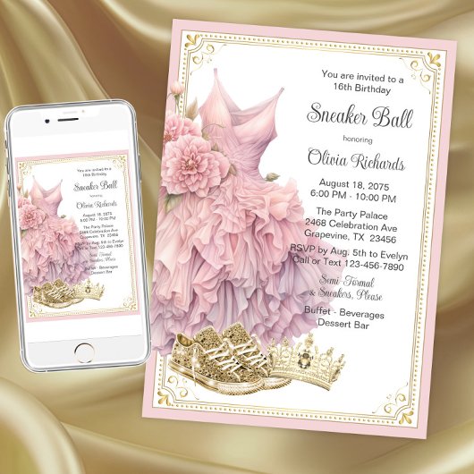 Invitation Fête d'anniversaire à thème chaussure rose or