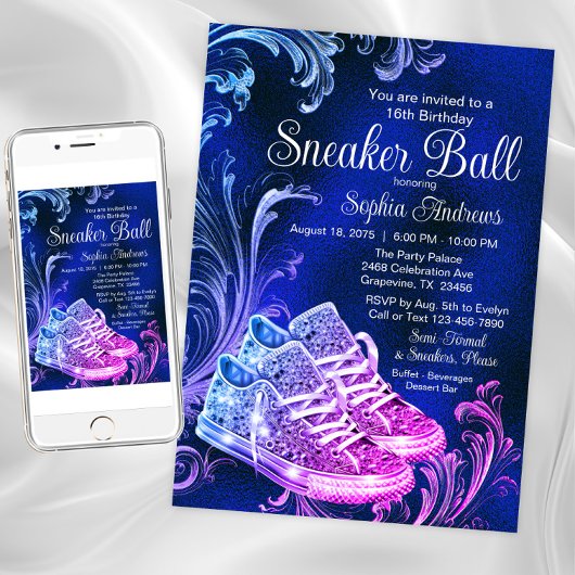 Invitation Fête d'anniversaire à thème chaussure violette ble