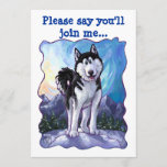 Invitation Fête d'anniversaire à thème Cute Husky<br><div class="desc">Parade des animaux Têtes de Chien et Queues Joueuses de Chien et Queues Des invitations personnalisables de la fête des Anniversaires de enfants présentent notre joli Husky sibérien noir et blanc, debout sur une colline enneigée, devant une majestueuse chaîne de montagnes avec un ciel texturé bleu et une bordure violette...</div>