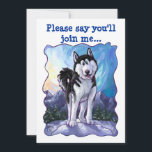 Invitation Fête d'anniversaire à thème Cute Husky<br><div class="desc">Parade des animaux Têtes de Chien et Queues Joueuses de Chien et Queues Des invitations personnalisables de la fête des Anniversaires de enfants présentent notre joli Husky sibérien noir et blanc, debout sur une colline enneigée, devant une majestueuse chaîne de montagnes avec un ciel texturé bleu et une bordure violette...</div>