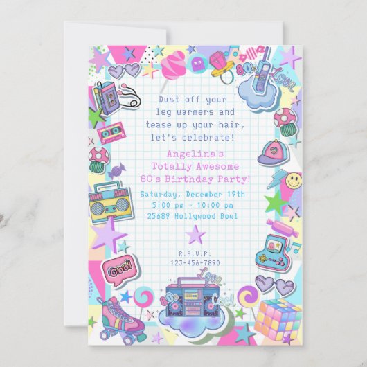 Invitation fête d'anniversaire à thème des années 80, soirée  (Devant)
