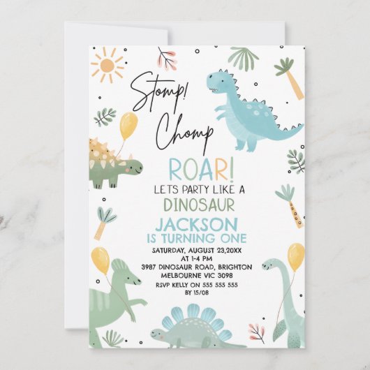 Invitation Fête d'anniversaire à thème dinosaure Photo Bleu V (Devant)