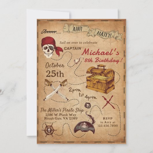 Invitation Fête d'anniversaire à thème Pirate (Devant)