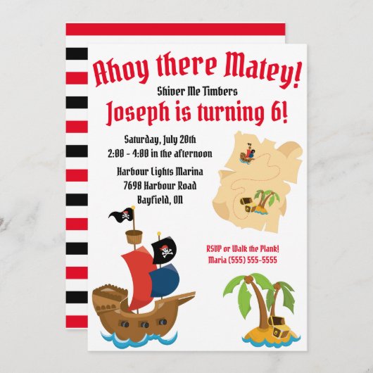Invitation Fête d'anniversaire à thème Pirate (Devant / Derrière)