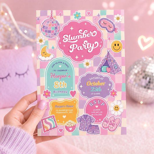 Invitation Fête d'anniversaire à thème Pyjama Groovy à carrea
