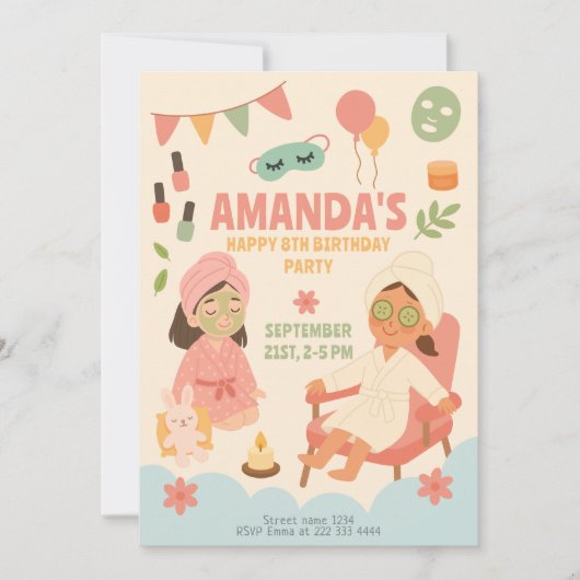 Invitation Fête d'anniversaire à thème spa pour filles (Devant)