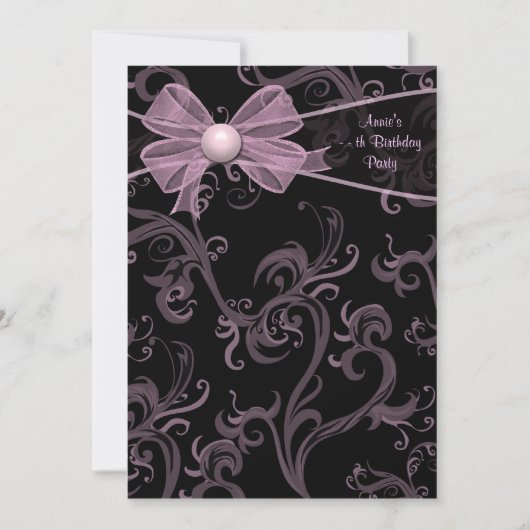Invitation Fête d'anniversaire à tourbillons rose et noir (Devant)