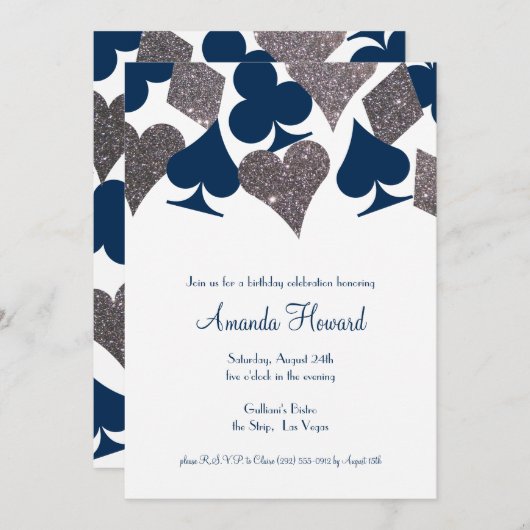 Invitation Fête d'anniversaire à Vegas Bleu marine argent pai (Devant / Derrière)