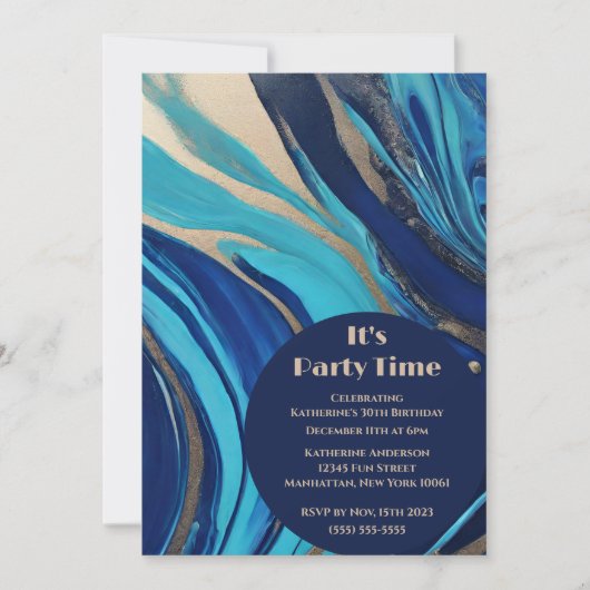 Invitation Fête d'anniversaire-Abstrait flux Art- Bleu et Or- (Devant)