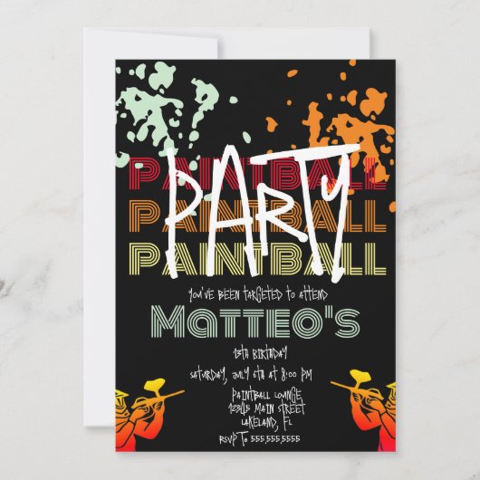 Invitation Fête d'anniversaire adolescente Paintball Cool (Devant)