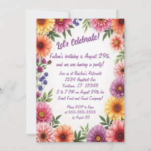 Invitation Fête d'anniversaire adulte de bordure de fleurs d'
