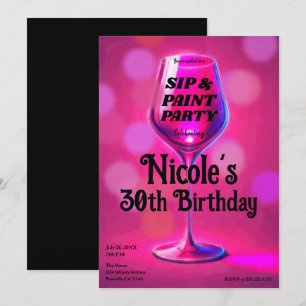 Invitation Fête d'anniversaire adulte Verre à vin rose Peintu