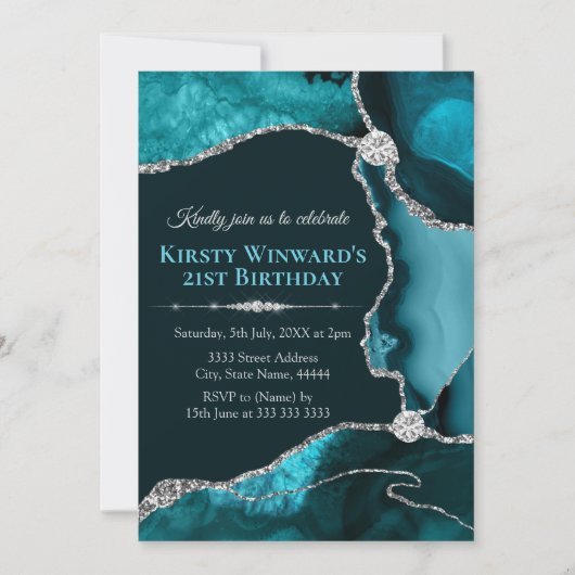 Invitation Fête d'anniversaire agate bleu sarcelle et paillet (Devant)
